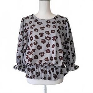 Melloday Blouse Blue Brown Ruffle Smocked Bell Sleeve Peplum Business Casual XL